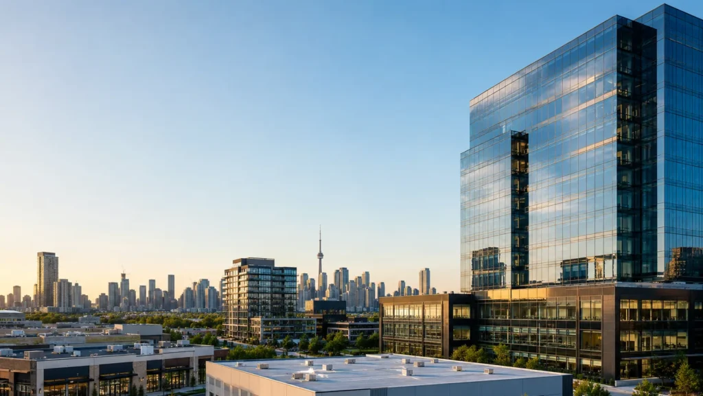 Modern commercial real estate developments in the Greater Toronto Area featuring office towers, retail plazas, industrial properties, and the Toronto skyline.