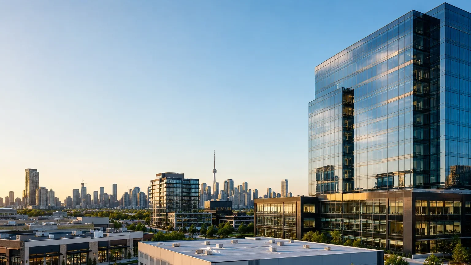 Modern commercial real estate developments in the Greater Toronto Area featuring office towers, retail plazas, industrial properties, and the Toronto skyline.